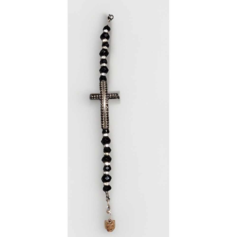 Black Beaded Sideways Cross Bracelet Rhinestone Made With Love Tag